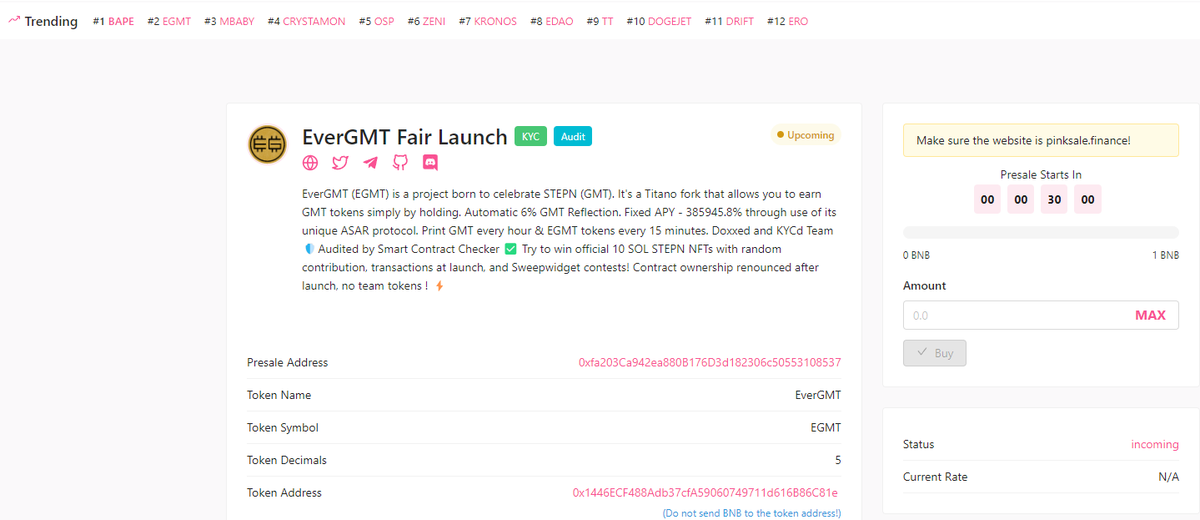 EverGMT's tweet photo. Only 30 minutes and you will be able to buy on Pinksale!
@pinkecosystem We are #2 on Trending!

https://t.co/02bukZsID7 https://t.co/sAXYH6zenj