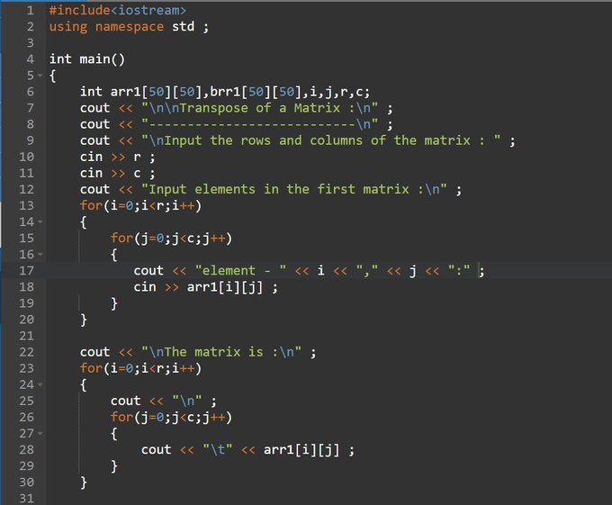 tripathi__vt's tweet photo. day"69" of #365daysofcode with 
@scaler_official

problem : "write a program to print the transpose of a matrix entered by the user ."
//Started with C++//
#scalerdiscord #scalerlearning https://t.co/ecjfSioi0O