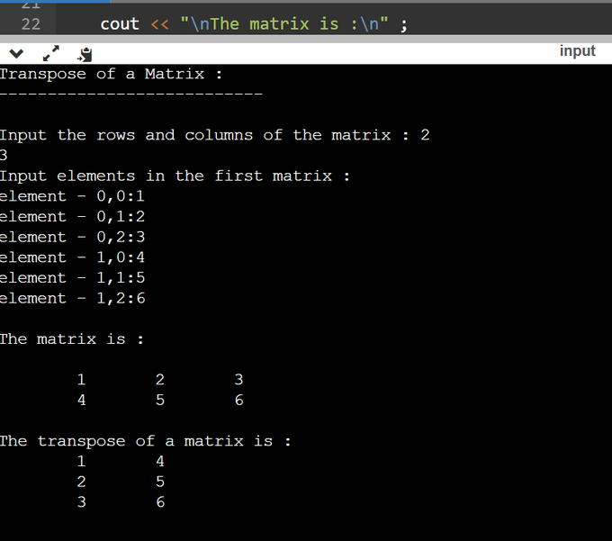 tripathi__vt's tweet photo. day"69" of #365daysofcode with 
@scaler_official

problem : "write a program to print the transpose of a matrix entered by the user ."
//Started with C++//
#scalerdiscord #scalerlearning https://t.co/ecjfSioi0O