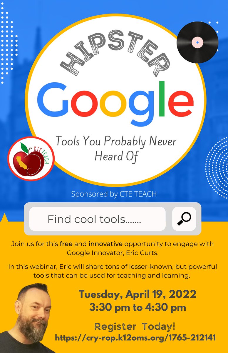 Join us for our FREE upcoming webinar, "Hipster Google - Tools You Probably Never Heard Of" featuring Google Innovator <a href="/ericcurts/">Eric Curts</a>. Register today! cry-rop.k12oms.org/1765-212141