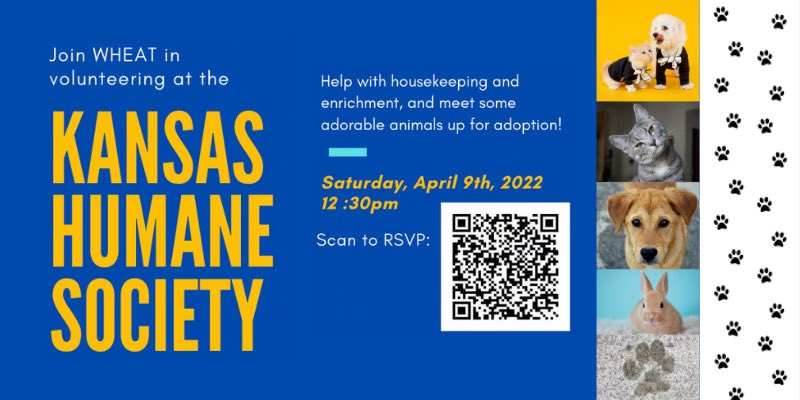 Do you want to meet some cute and furry friends? 🐾 Join WHEAT at the Kansas Humane Society this Saturday! 

There are only 3 spots left, so sign up quick! 😊