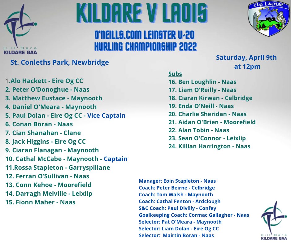 KildareGAA's tweet photo. Eoin Stapleton and his management team have named the Kildare U20 Hurling team to play Laois in the O’https://t.co/xp7kNm8uOQ Leinster U20 Hurling Championship. 

Saturday, April 9th, at 12pm in St. Conleth’s Park, Newbridge. 

All support is very welcome.
https://t.co/Qydo4DIa5S https://t.co/UIjy87oOmh