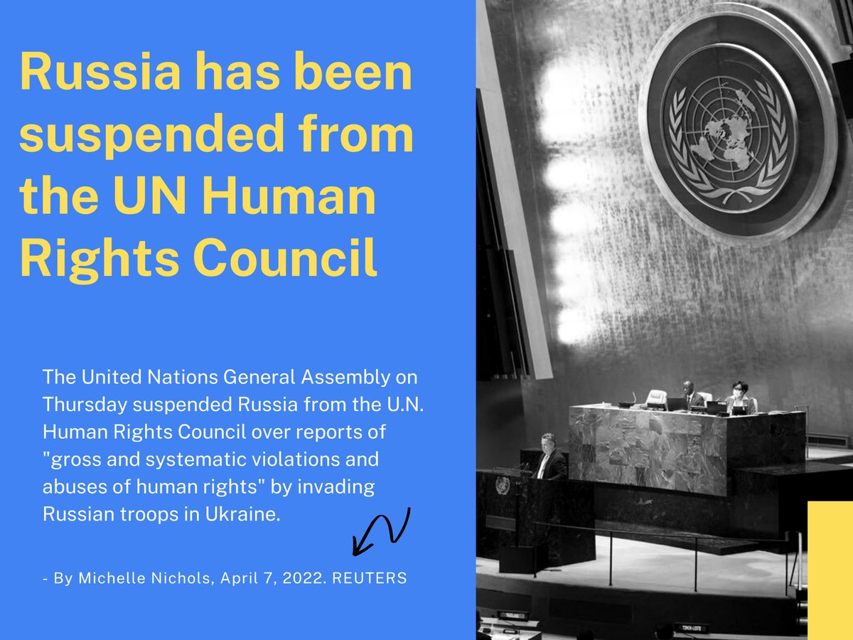 Artists4Ukraine's tweet photo. United Nations suspends Russia from human rights body over Ukraine - Read Full article at  https://t.co/6pD0O2enzY 🇺🇦✨💙💛 https://t.co/E7M6Z9IPut
