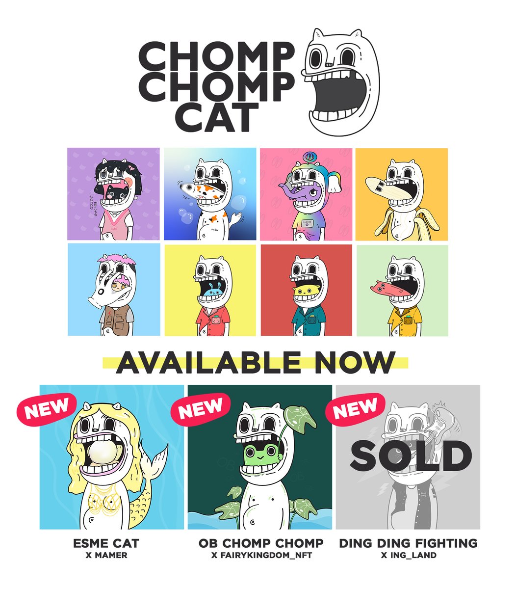 #chompchompcat Come again!!
3 NEW items.
Available on 
<a href="/ParasHQ/">Paras 🟩🟧</a>
paras.id/collection/cho…
✨Esme cat x <a href="/mamernft/">Mamer | 𝒞𝓁𝒶𝓈𝓈𝓎 𝒢𝒶𝓃𝑔𝓈𝓉𝑒𝓇 ⋆🎀˚₊ ♡🧜‍♀️</a>
✨OB Chomp chomp x <a href="/FairykingdomNft/">Fairykingdom_NFT</a>
✨Ding ding Fighting x <a href="/ing_land_/">DING DING THE CAT</a>🚫SOLD 
Thank you for joining in the fun.
I hope u love my cat❤️
#NFTdrops  #NFTCommumity  #PARASnft