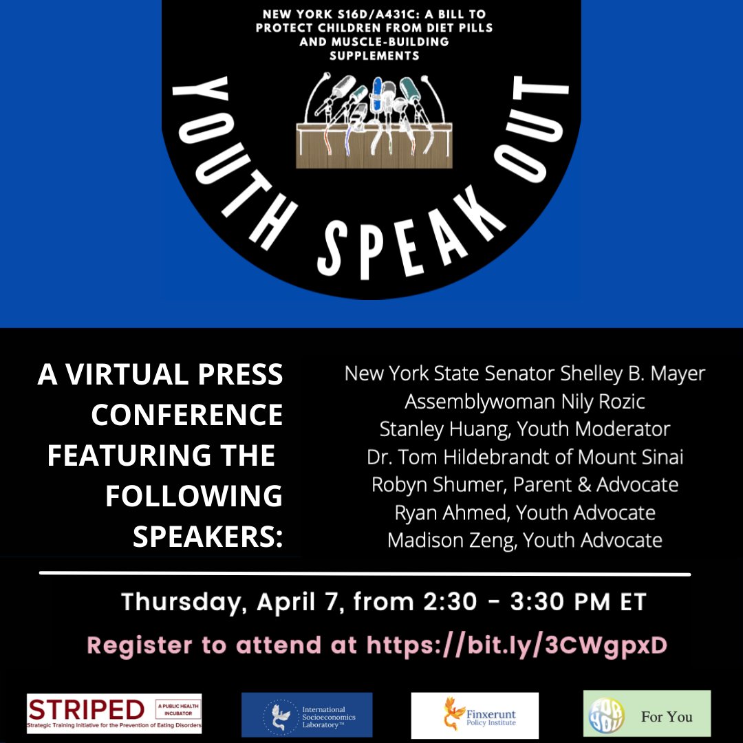 MountSinaiEWDP's tweet photo. We are joining @HarvardSTRIPED , @ShelleyBMayer @Nily, and other advocates to speak about protecting children from dangerously unregulated OTC diet pills and muscle-building supplements. #S16D #A431C https://t.co/EA0GxZexNU