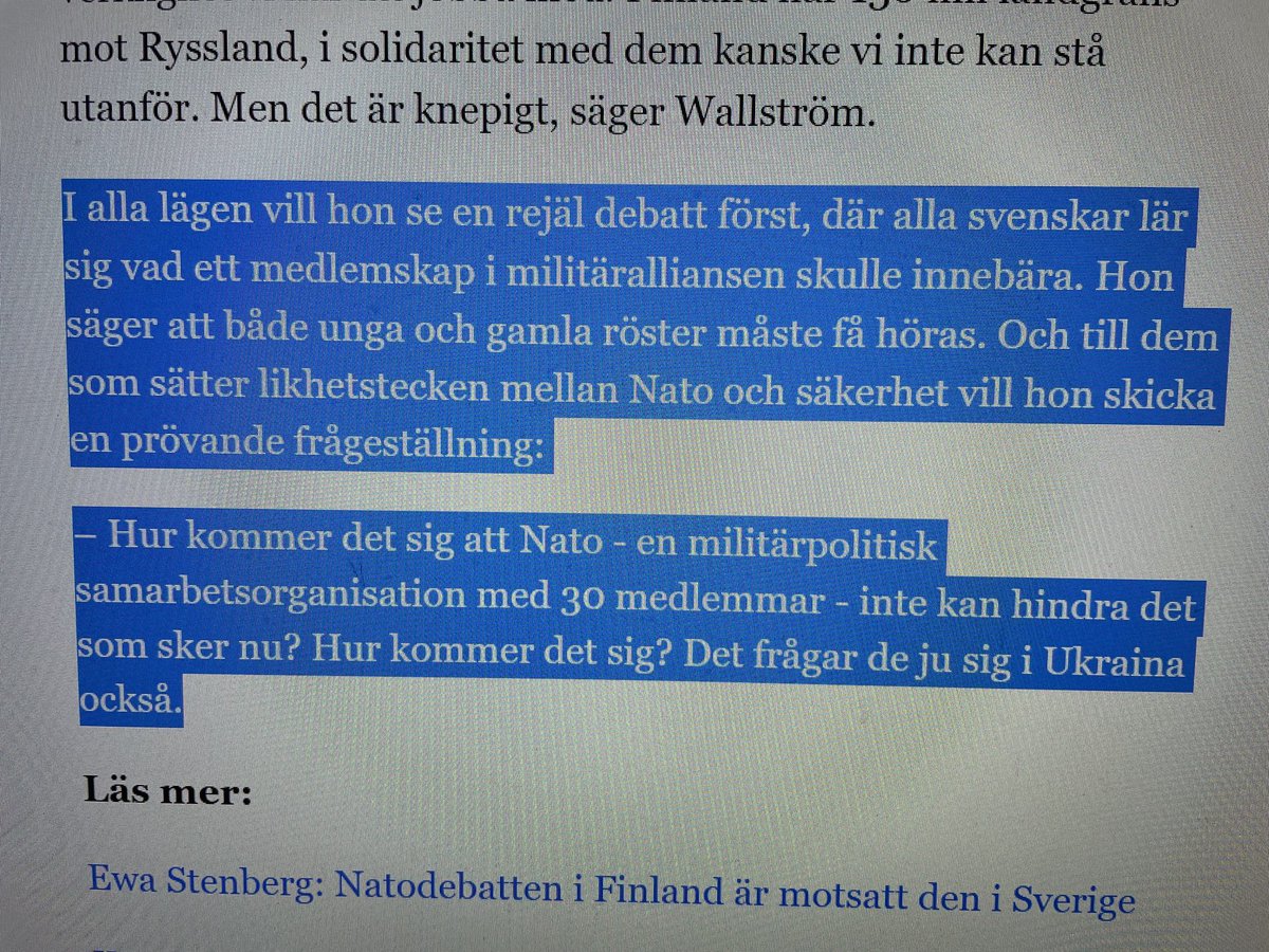LOHHAB's tweet photo. Förre UM Margot Wallström ifrågasätter Nato eftersom organisationen enligt henne inte lyckas skydda en ickemedlem. Kan det bli mer förvirrat än så? Snarare visar kriget mycket tydligt nyttan med medlemskap… https://t.co/FjqkqYRSjj