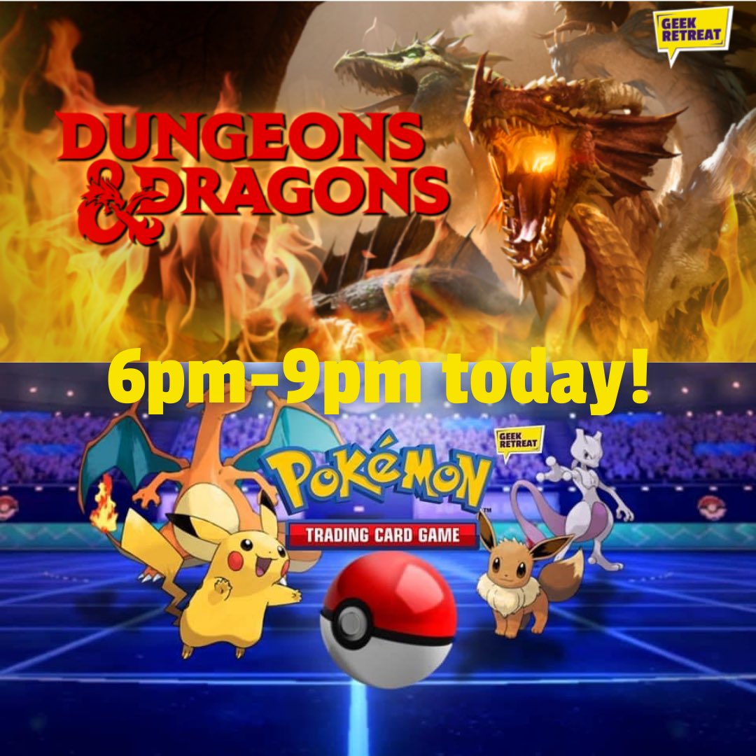 GeekPreston's tweet photo. Hi everyone, tonight from 6-9pm is D&amp;D and Pokémon TCG!
We hope to see you there!
.
.
.
#geekretreatpreston #geekretreat #geekout #geek #dandd #dungeonsanddragons #pokemon #pokemontcg #tonightsevent #events https://t.co/Dr4WXkRYNG