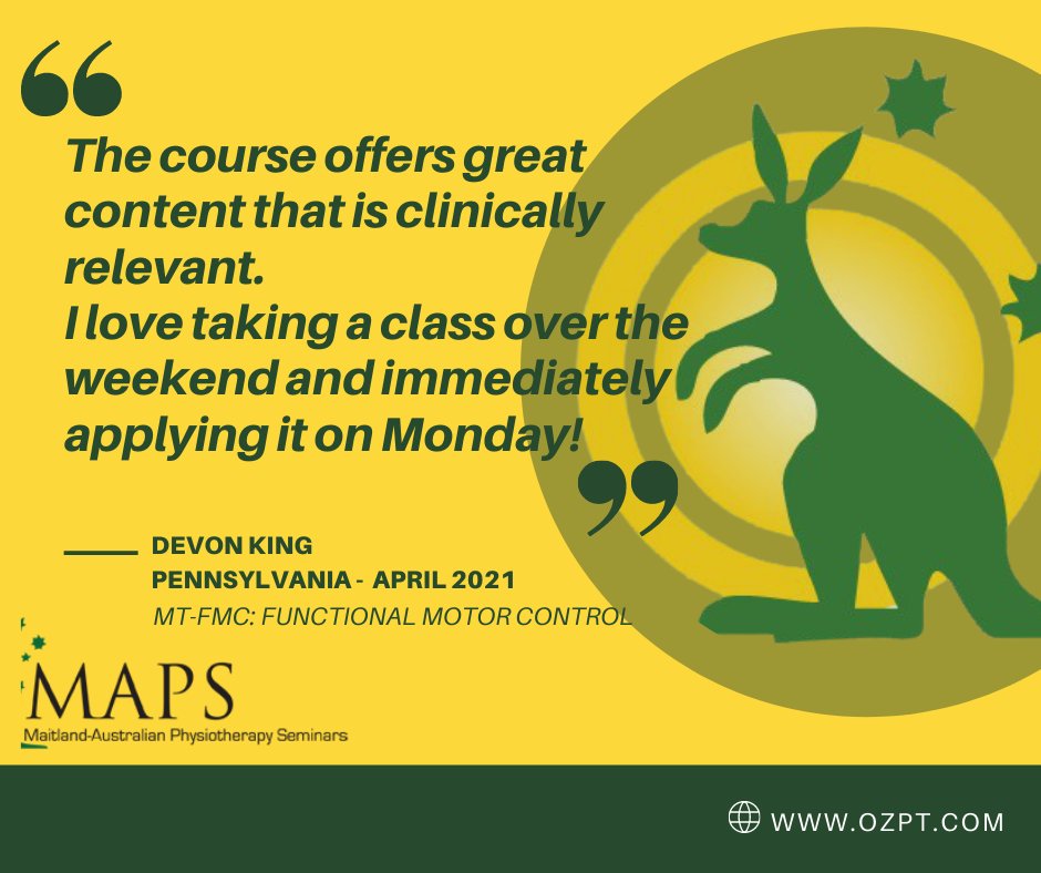 #MAPS newest course, #MT-FMC: Functional #MotorControl Strategies has hit the ground running! Sign up for a course near you:
ozpt.com/registration
4/30-5/1: Fredericksburg, VA
4/30-5/1: Portland, OR
5/21-22: Chicago, IL
#manualtherapy  
#physicaltherapy