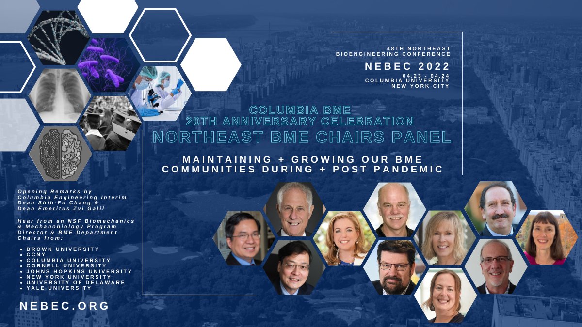 ColumbiaBME's tweet image. BME CHAIRS PANEL AT #NEBEC2022! nebec.org

At the 48th Annual Northeast #Bioengineering Conference on Sat-Sun, April 23-24, hear from a @NSF Program Director + BME Dept Chairs from @Brown_BME @CityCollegeNY @ColumbiaBME @CornellBME @JHUBME @NyuBme @udbme @YaleBme!