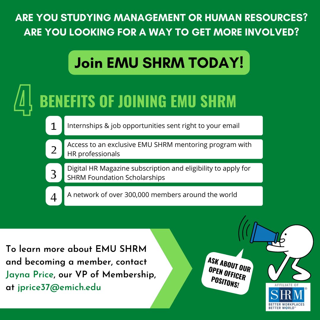 EMUSHRM's tweet photo. EMU SHRM is currently recruiting officers for the 2022-2023 school year! There are many benefits to being a SHRM member and even more benefits to being an officer. If you are interested in learning more, please fill out the google form below!
https://t.co/8rE98TBCr3 https://t.co/Zuwz3cLXUt