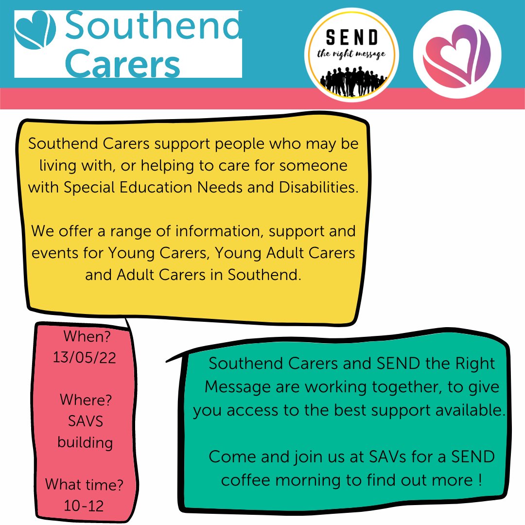 We are excited to announce that Southend Carers will be joining the next SEND Parent Carer Support Session, hosted by SEND the Right Message.
For further information email info@sendtherightmessage.co.uk
#carers #southend #carerssupport #youngcarers #SEND #scyc #southendcarers