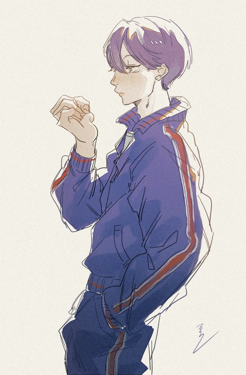 solo 1boy male focus hand in pocket jacket purple hair pants  illustration images