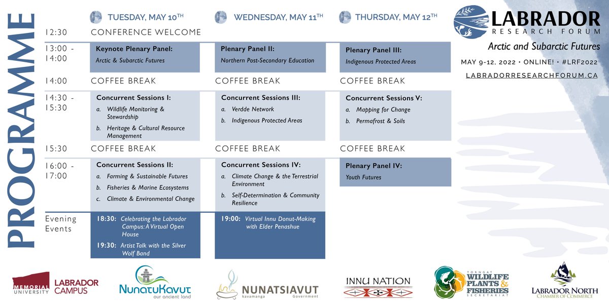 LabradorCampus's tweet photo. As for the main #LRF2022 programme, we have an INCREDIBLE line-up of plenary panels, concurrent sessions, and events -- all focused on visioning, discussing, and celebrating Arctic and Subarctic futures.
For more details, please visit https://t.co/BibxS1tGOI https://t.co/EQ9ziiOEap