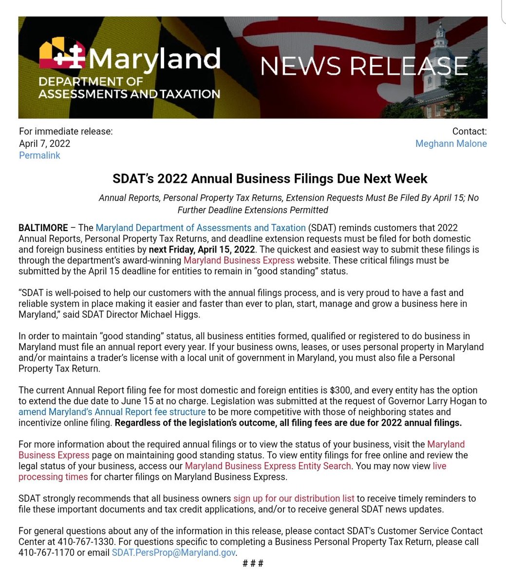 SDAT’s 2022 Annual Business Filings Due Next Week. For more information, please visit businessexpress.maryland.gov