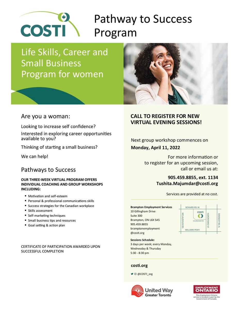COSTI_org's tweet photo. Our #PathwaysToSuccessProgram for women offers individual &amp; #groupworkshops including #communication, #Canadianworkplace strategies, #skillsassessment, marketing techniques &amp; more. The next group begins on April 11. Contact: tushita.majumdar@costi.org | 905.459.8855, ext. 1134. https://t.co/4mdylYSnBh