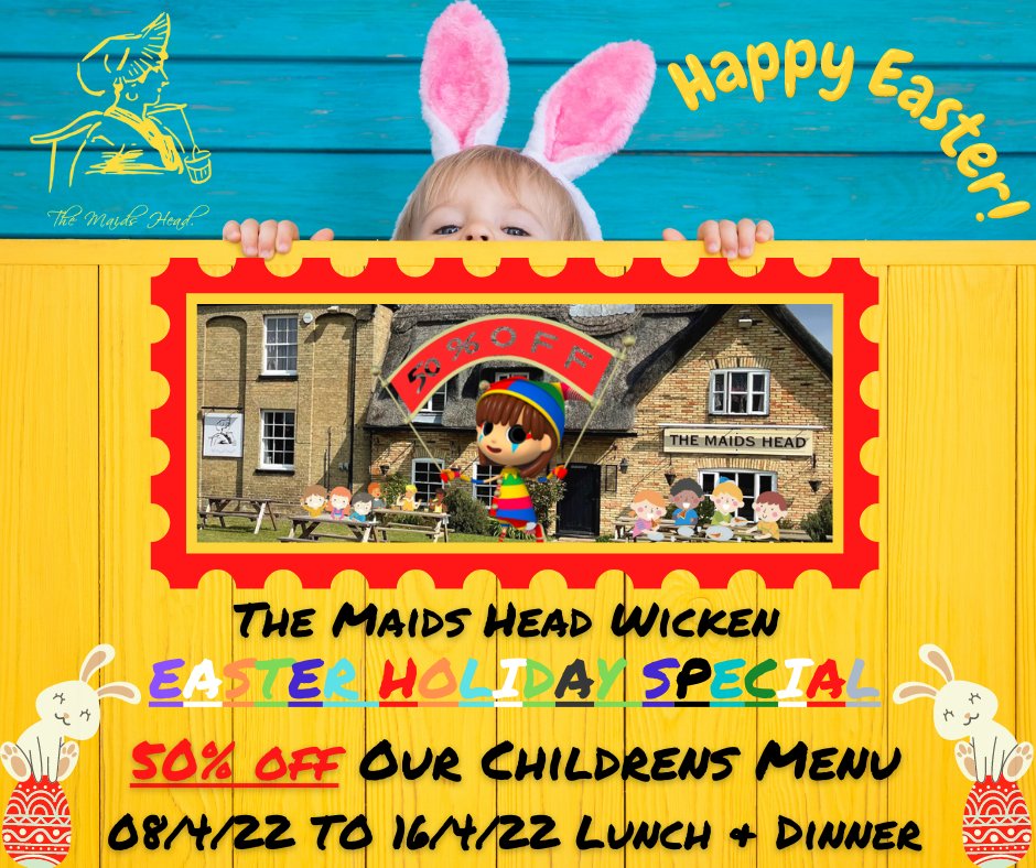 #Easter Holiday Childrens Special 50% OFF our #kids menu ☺ Starts tomorrow until 16/4/22 It's looking like the weathers going to be a bit nicer next week too 😎🤞 Easter Monday we will be open for food Midday until 6pm & the bar until 9pm Reservations and enquiries 01353 727762