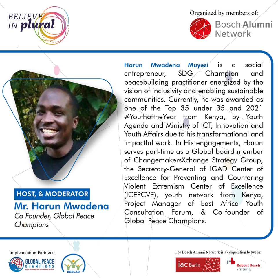 globalpeacecha3's tweet image. Meet with our Host &amp;amp; Moderator @Mwadena003, who is a social entrepreneur, SDG Champion and #peacebuilding practitioner energized by the vision of inclusivity and enabling sustainable communities. 

#BoschAlumniNetwork is a cooperation between @iac_berlin &amp;amp; @BoschStiftung 

1/2