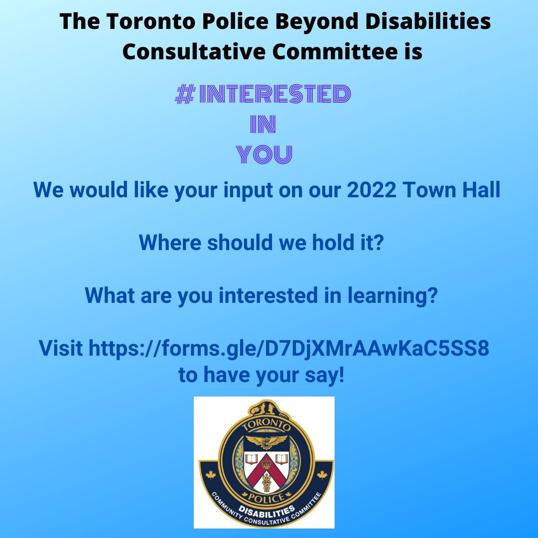 yieldprogram's tweet image. Beyond Disabilities Toronto Police Consultative Committee would love your input!
Please complete the quick survey to help ensure Town Hall Meetings are accessible to everyone! 
Survey: forms.gle/D7DjXMrAAwKaC5…