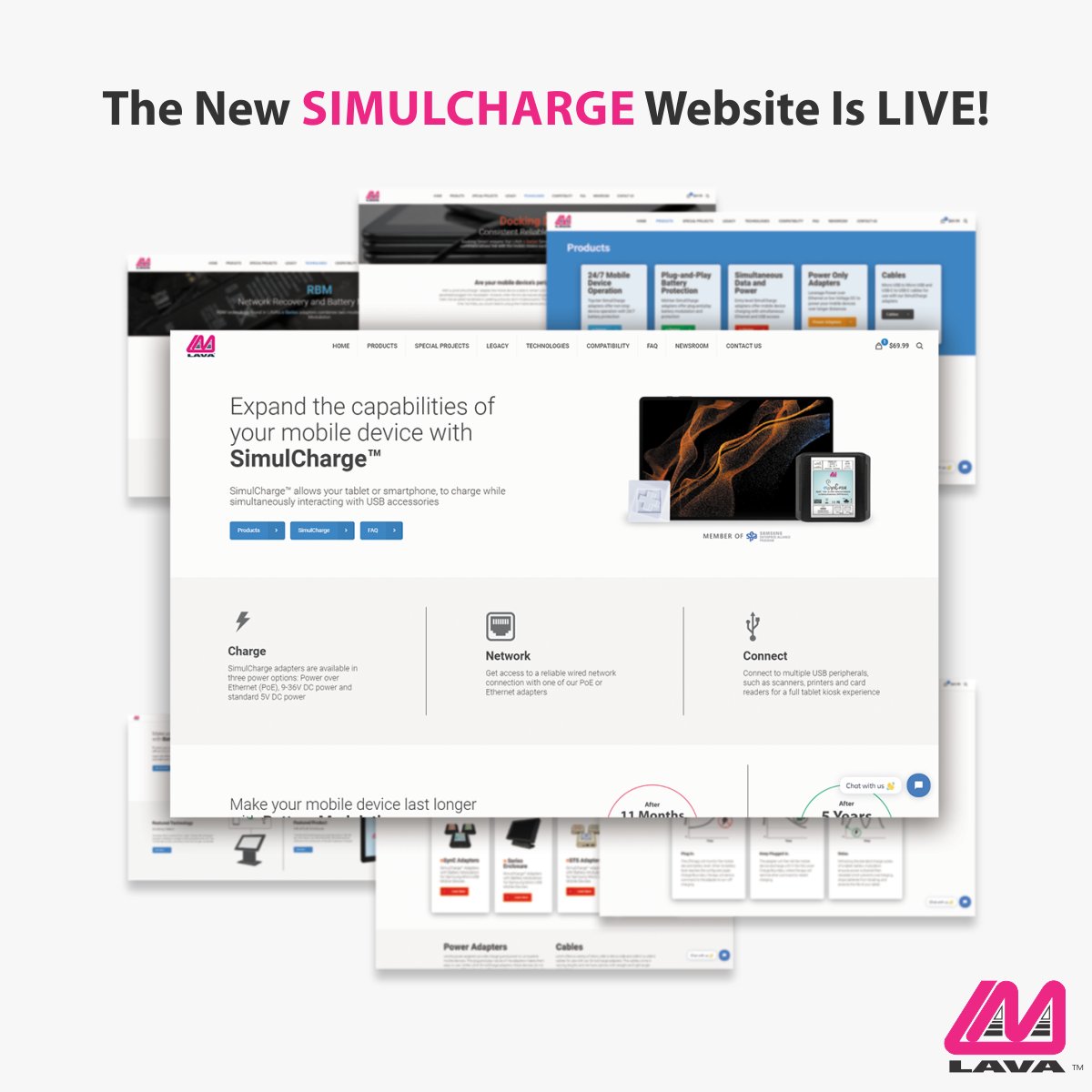 LAVALink's tweet image. #LAVA’s site for Enterprise #SimulCharge adapters has got a new redesign. The new landing page highlights SimulCharge and other LAVA technologies, such as #BatteryModulation and #NetworkRecovery. 

Check it out here: lavalink.com/lavasimulcharge