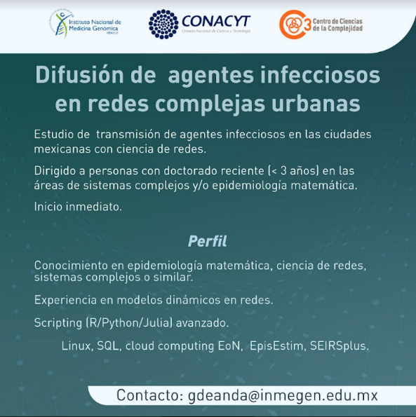 gdeandajauregui's tweet photo. Hola! Nuevamente les comparto (y les pido su colaboración para difundir) dos posiciones: tesista de licenciatura en computación o afines, y postdoc para proyecto de epidemiología de redes. 
Financiadas con un proyecto CONACYT https://t.co/3iGac1nS29