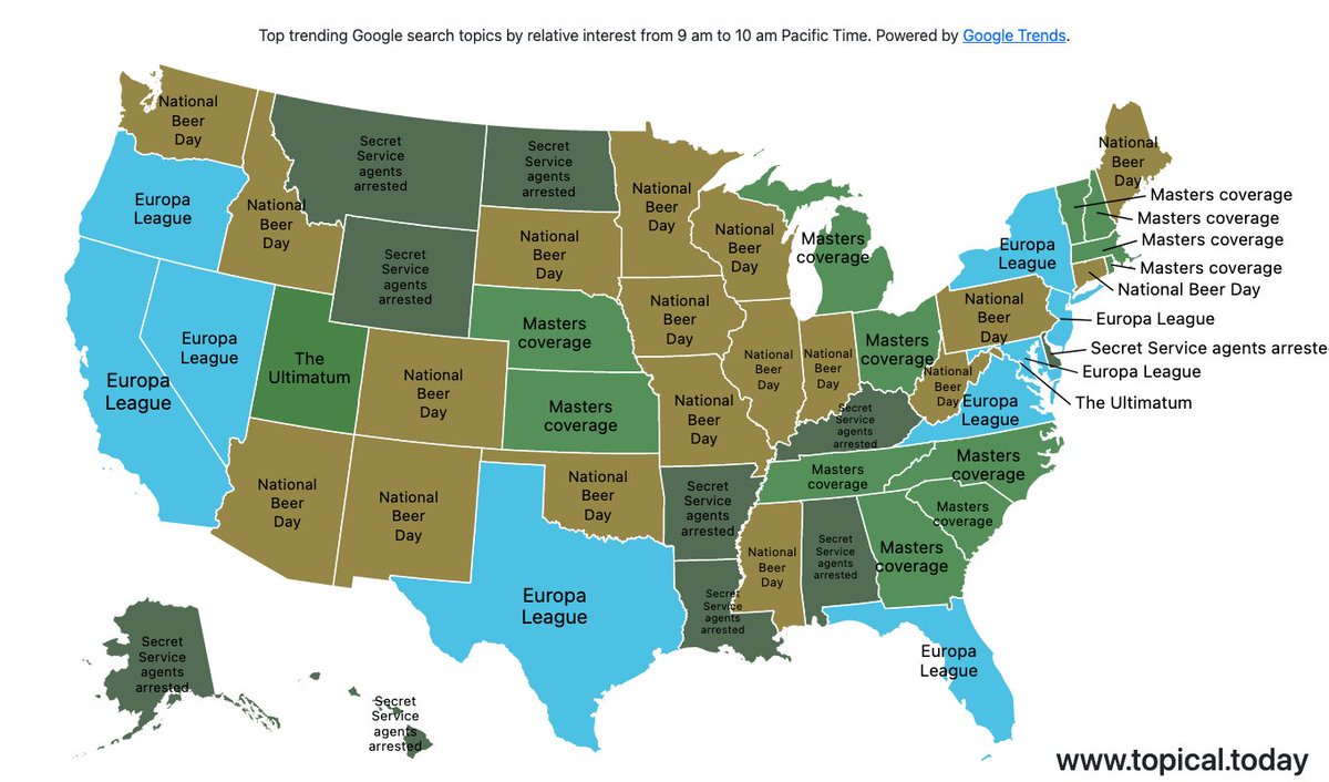TopicalMaps's tweet photo. Top Google Search Trends in the United States over the last hour. #SecretServiceagentsarrested #EuropaLeague #TheUltimatum #Masterscoverage #NationalBeerDay Live map at https://t.co/3Fz1e2iXth https://t.co/GtwBR6KFHJ