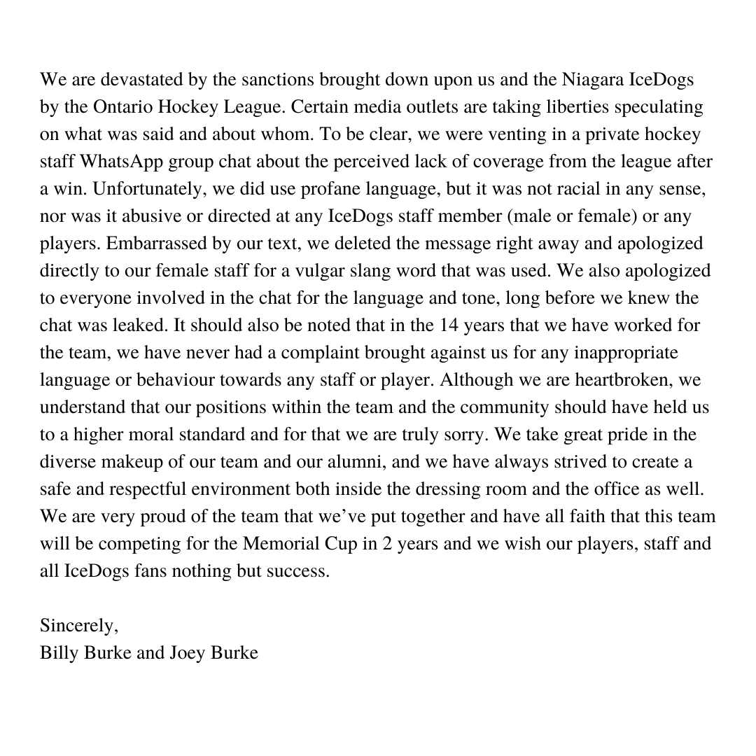 OHLIceDogs's tweet photo. A Statement From Billy Burke and Joey Burke 

https://t.co/wUQYxtethe https://t.co/u2kvSSQgN4