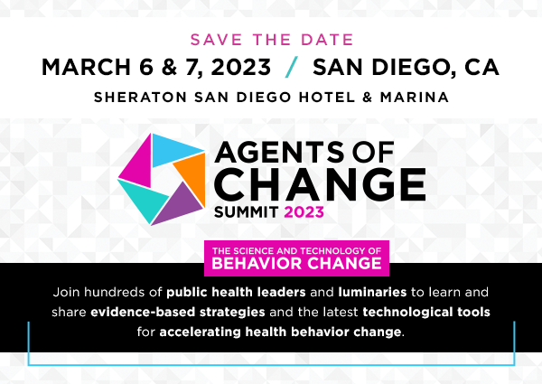 AOCSummit's tweet photo. We have a huge announcement: The date is set for Agents of Change 2023! 🎉 Join us in sunny San Diego to learn new evidence-based strategies and technologies proven to drive health behavior change. More information coming soon. https://t.co/tSUHutOV97