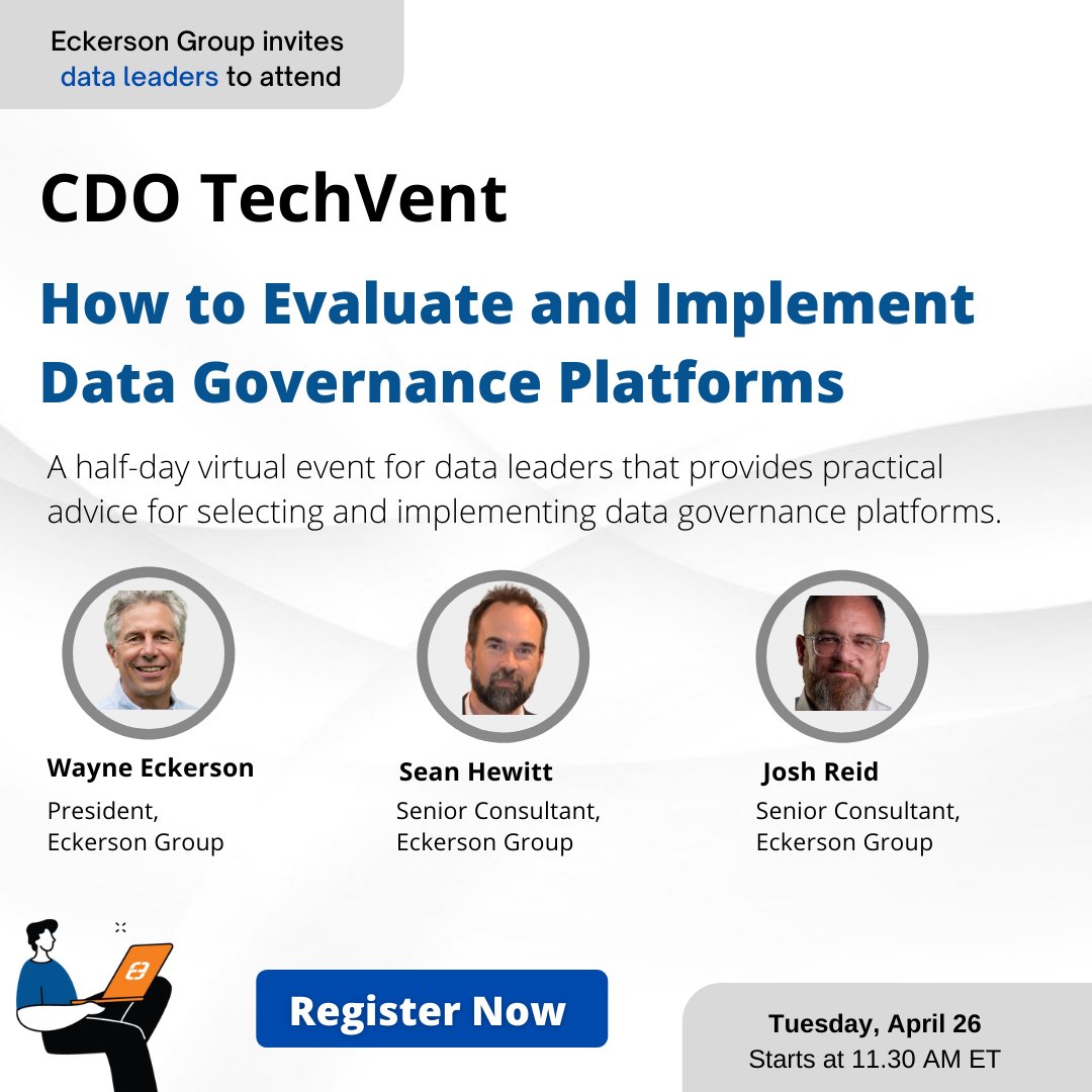 EckersonGroup's tweet image. What is a data governance platform and why do you need it? To find out, join other data leaders and register for the CDO TechVent on April 26.

ow.ly/yGtL50ICPma 

#CDOTechVent #ProductToWatch #DataGovernancePlatform #CDOs #DataLeaders #DataIntegration #EckersonGroup