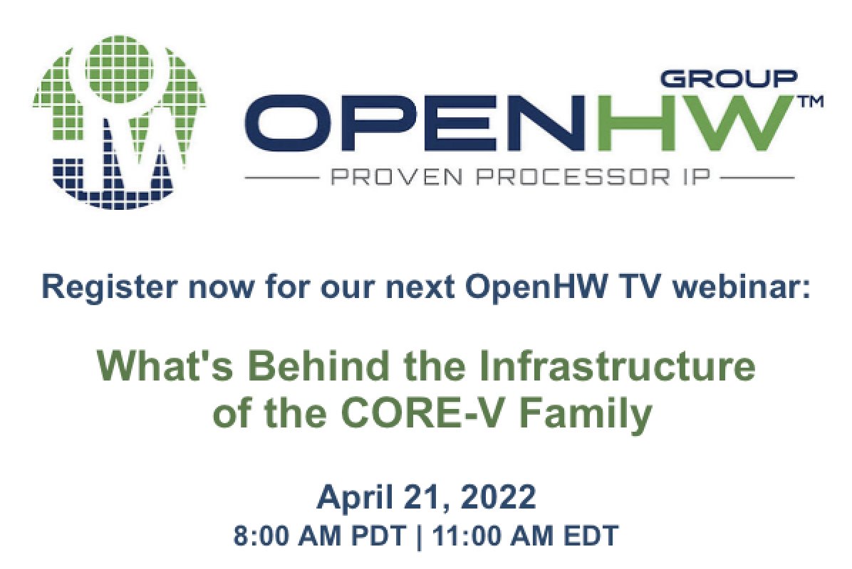 OpenHWFdn's tweet photo. Spring is here…and so is Episode 4 of OpenHW TV! Join us as we hear from @be4web, @gmax79, and @rickoco from OpenHW Group. Register here: https://t.co/uEs4wHjKMX
#opensourceHW #opensource #RISC-V https://t.co/ii35YpAe5a