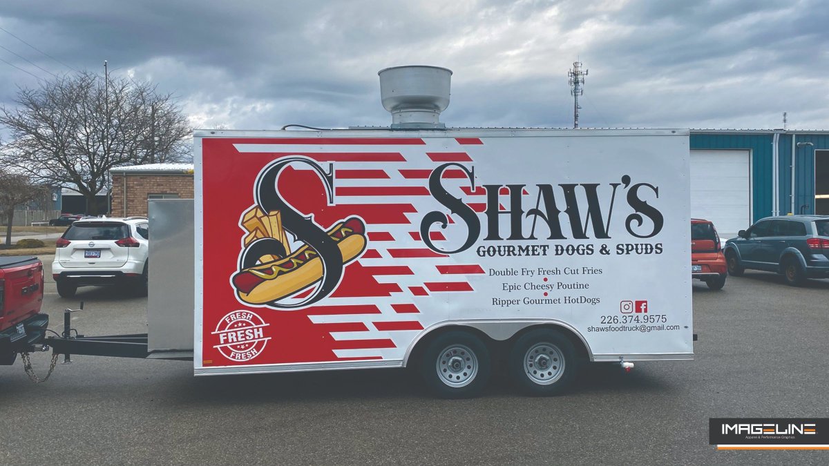 ImageLineInc's tweet photo. Look out for Shaw's Gourmet Dogs &amp; Spuds on the road with their newly wrapped food trailer!

Did you know we offer a  full graphics department that can custom design your own logo for your business? Branding and decoration, all done in-house!

#ImageIsEverything #sttont https://t.co/7SZT0blMAQ