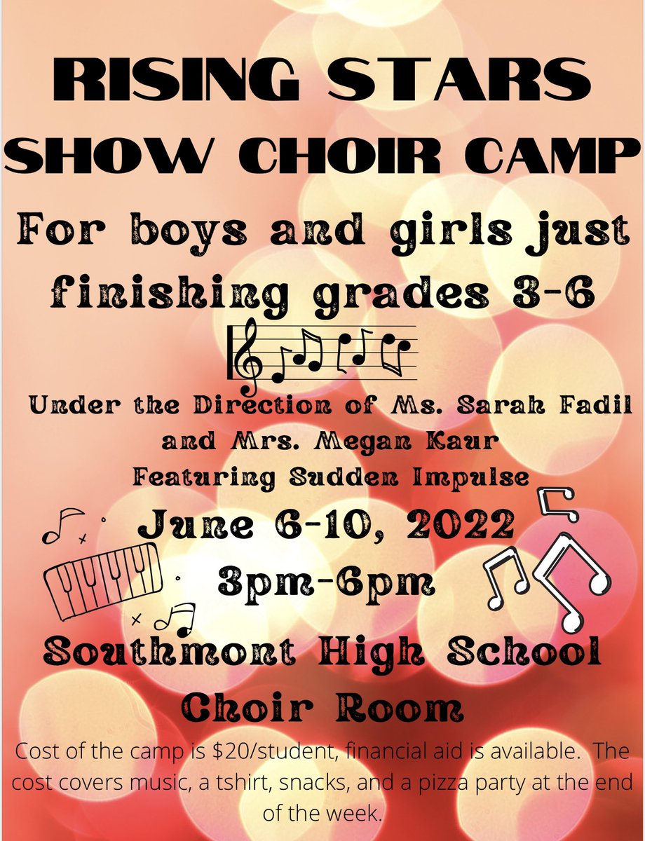 SouthmontChoirs's tweet photo. We are excited to announce our FIRST show choir camp!! June 6-10 For all students finishing grades 3-6! #proudtobeamountie #risingstars #showchoir https://t.co/s5koyulg5T