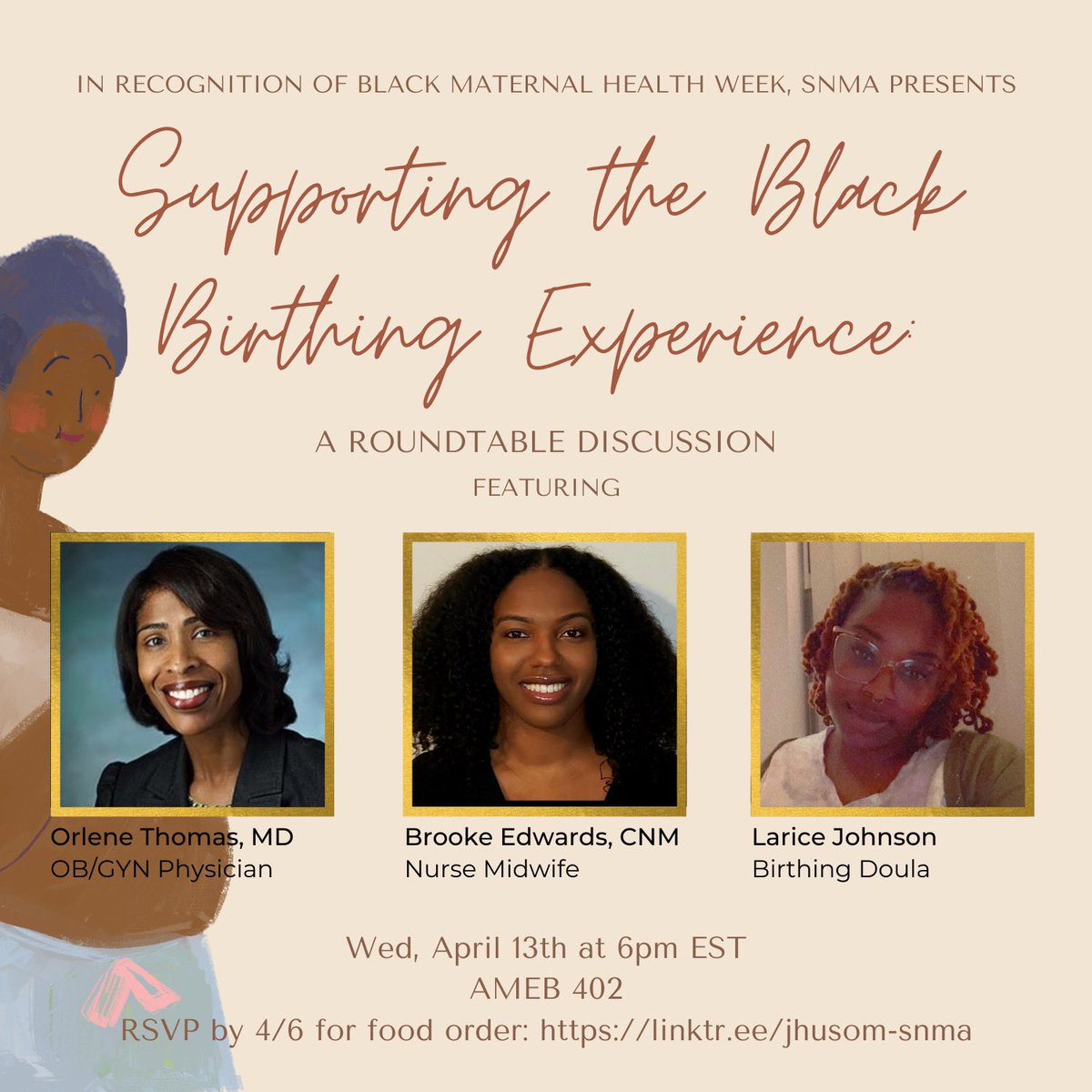 PHSRJ_JH's tweet photo. JHU's Student National Medical Association will hold “Supporting the Black Birthing Experience: A Roundtable Discussion” next Wednesday, April 13th at 6pm! The event will be held both in person and on Zoom.

RSVP today by midnight: https://t.co/BenCxUiU3H https://t.co/Yus03kj5je
