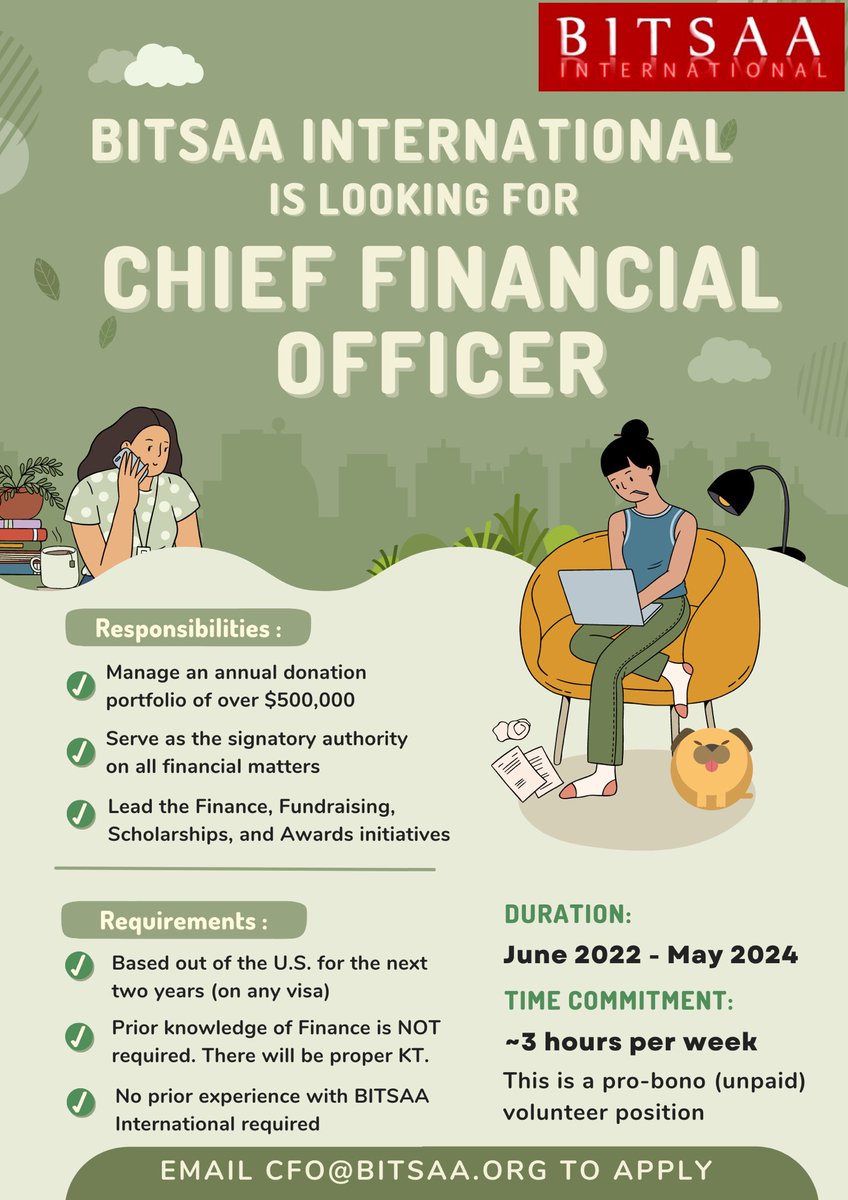 BITSAA International (@bitsaa) on Twitter photo BITSAA International is looking for a passionate BITSian to serve as its next Chief Financial Officer for a two-year period from June 2022 to May 2024. Please send an email to cfo@bitsaa.org indicating your interest before 15th April 2022. BITSAA International is looking for a passionate BITSian to serve as its next Chief Financial Officer for a two-year period from June 2022 to May 2024. Please send an email to cfo@bitsaa.org indicating your interest before 15th April 2022.