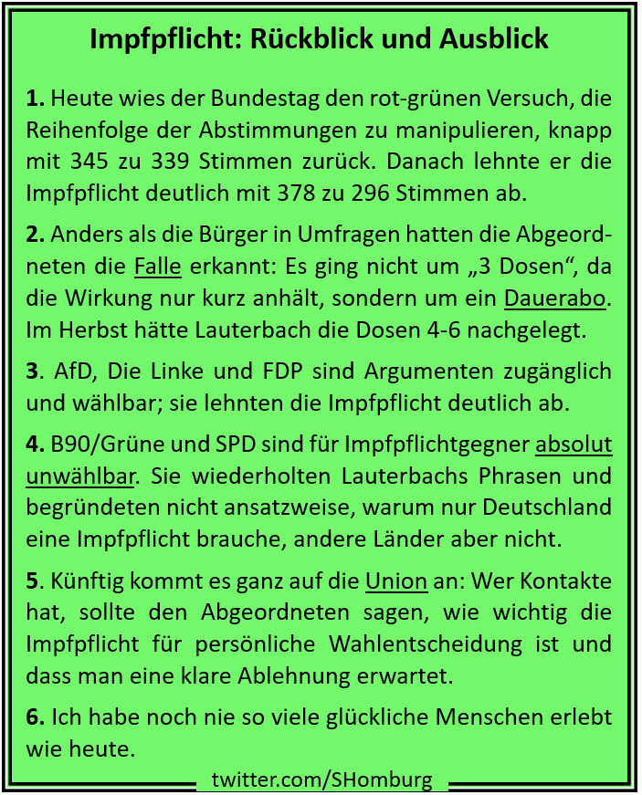 SHomburg's tweet photo. Liebe Twitterer,

was bedeutet die Ablehnung der #Impfpflicht nun? Es ist nicht vorbei, denn Lauterbach muss Hunderte Millionen Dosen unter die Leute bringen.

Zur Orientierung ein Poster. Denken Sie auch bei den Landtagswahlen daran: Die Impfpflicht muss durch den Bundesrat! https://t.co/iIm1CtfnqC