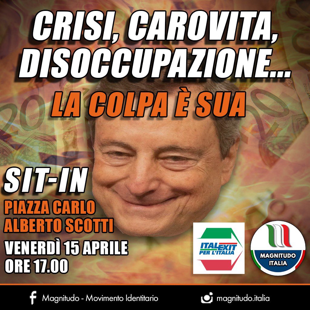 ItMagnitudo's tweet photo. 🔴 CRISI, CAROVITA, DISOCCUPAZIONE… LA COLPA È SUA!

📍SIT-IN! VENERDÌ 15, PIAZZA CARLO ALBERTO SCOTTI - ORE 17:00 https://t.co/BK4XR0drRz