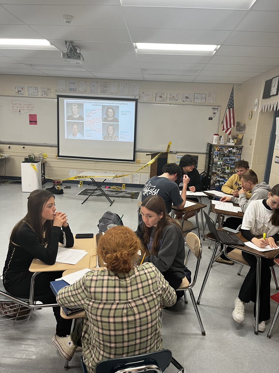 Miss_McCourt's tweet photo. One of my favorite lessons of the year! Annual murder mystery in AP Lang, following our class reading of And Then There Were None. Detectives will draft up arrest warrants tomorrow after they synthesized all of their observed and closely read evidence #APLang https://t.co/wnMx7eE9t1