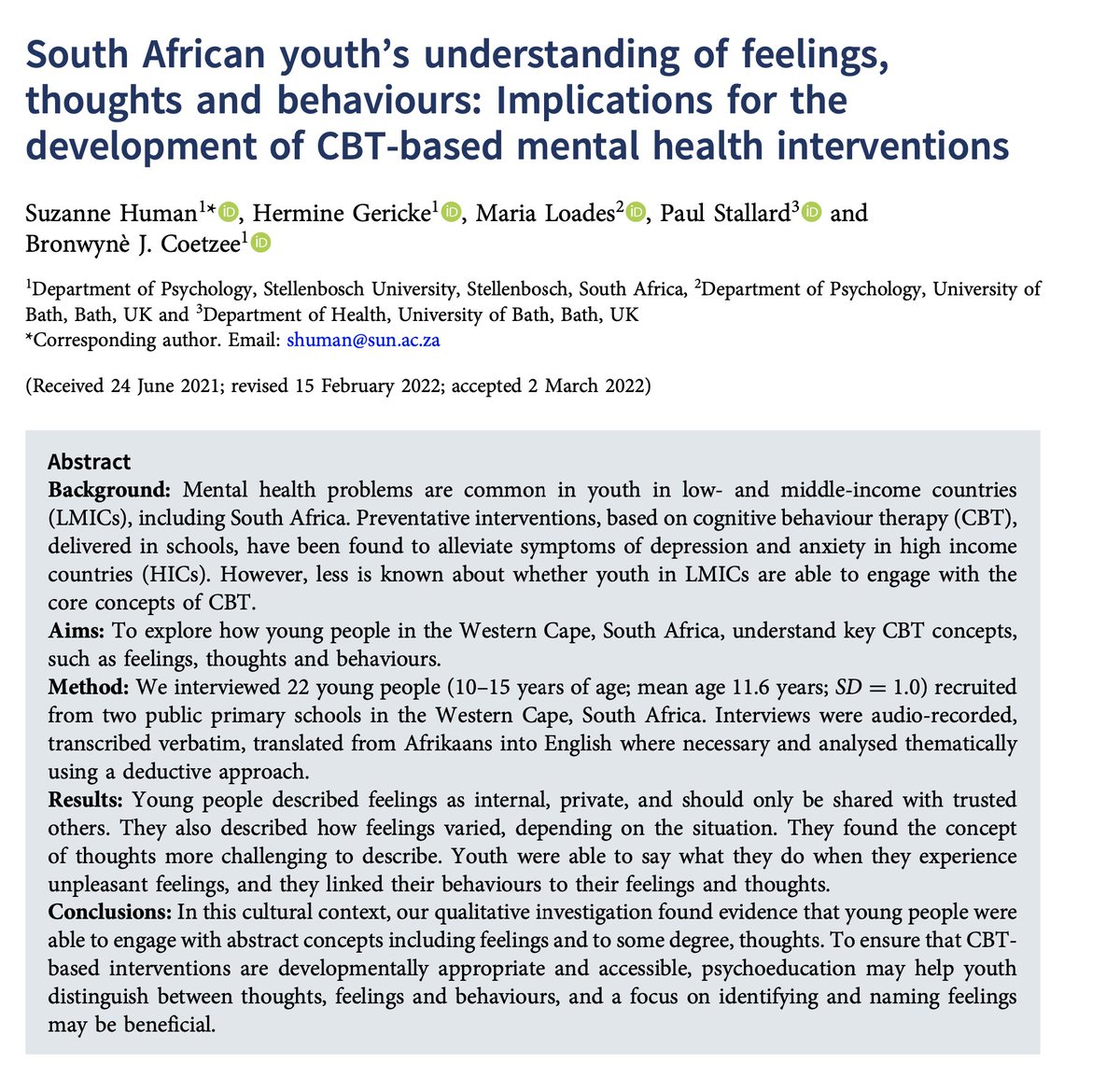 theCBTJournal's tweet photo. BCP new FirstView paper: South African youth’s understanding of feelings, thoughts and behaviours: Implications for the development of CBT-based mental health intervention

Full free text at https://t.co/LryDNJOJld

@MariaLoades @BABCP @BABCPcaf_sig https://t.co/UqEZp9IwEL