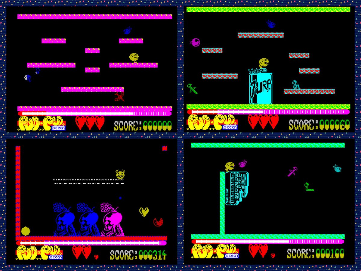 OldSchoolBooks1's tweet photo. Today's #retrogaming on the #ZXSpectrum #PudPud #Joffa the game that got Joffa a job at #Ocean , a lovely little game , but avoid getting kissed by Mrs Pud-Pud ! Really like this one , it's another exploration maze game where you in search of puddings #zxretweets https://t.co/uPIsubcruR