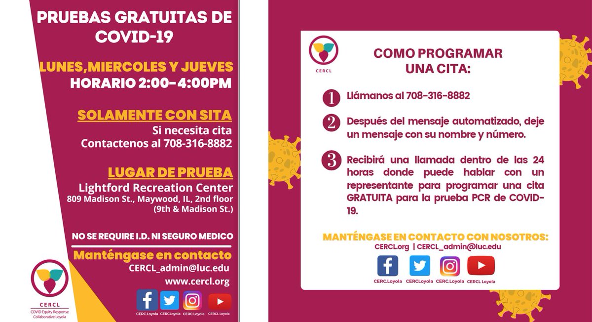 CERCLoyola's tweet photo. Free Testing Services offered by @CERCLoyola #LightfordRecreationCenter (Maywood,IL) on Mondays, Wednesdays and Thursdays by APPOINTMENT ONLY. To benefit from these services, please make an appointment with us by calling 708-316-8882.
#CERCL #freetesting https://t.co/I7X9mqD3OM
