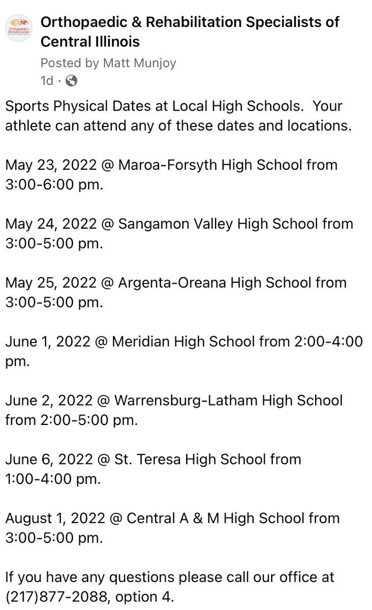 ORSCI_Decatur's tweet image. Sports physicals for the 2022-2023 school year are rapidly approaching. Even if you don’t attend these schools, you can get your sports physicals done at one of these sites. @MaroaForsythHS @StormSvhs @AOHSAthletics @hs_meridian @reedyb_wl @StT_athletics @CAMPrincipal