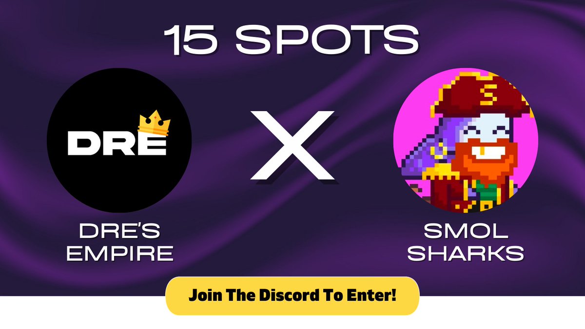 Dre (@dres_empire) on Twitter photo Dre's Empire x Smol sharks
<a href="/smolsharks/">Smol Sharks | PvP Arbitrum NFT Game</a> have given us 10x wl spots to giveaway on our discord and 5 on Twitter
1. Follow <a href="/smolsharks/">Smol Sharks | PvP Arbitrum NFT Game</a>, <a href="/Dres_Empire/">Dre</a> and <a href="/Sevesternft/">Sevester</a>
2. Like, RT and Tag 3 friends
2. Join the discord: discord.gg/dresempire
Ends in 24 hours!!! Dre's Empire x Smol sharks
<a href="/smolsharks/">Smol Sharks | PvP Arbitrum NFT Game</a> have given us 10x wl spots to giveaway on our discord and 5 on Twitter
1. Follow <a href="/smolsharks/">Smol Sharks | PvP Arbitrum NFT Game</a>, <a href="/Dres_Empire/">Dre</a> and <a href="/Sevesternft/">Sevester</a>
2. Like, RT and Tag 3 friends
2. Join the discord: discord.gg/dresempire
Ends in 24 hours!!!
