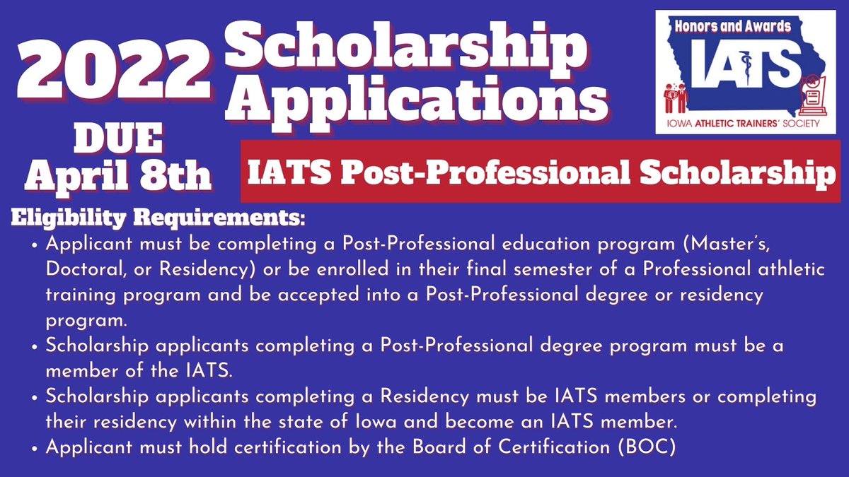 IowaATSociety's tweet photo. Any procrastinating students out there looking for some extra $$$. Before you hit that #FridayAfterClass button this afternoon... apply for an IATS #scholarship here: https://t.co/P5y56j00BT Deadline is EOD today! https://t.co/AExm1Simsz