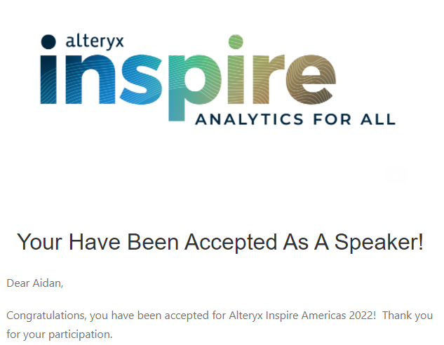visualaidan's tweet photo. Wooooohoo! Hope to see y'all at @alteryx Inspire, where I'll be chatting on a panel for using @SnowflakeDB and Alteryx! https://t.co/zsOPOKHPcQ