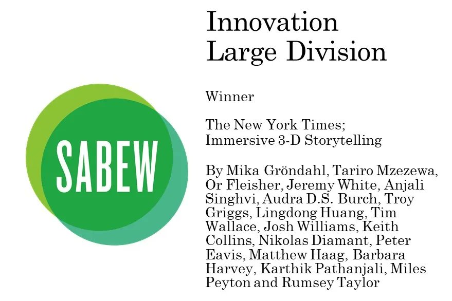 In the innovation category, large division, the winner is <a href="/nytimes/">The New York Times</a> for Immersive 3-D Storytelling. Congratulations! #SABEWBIB