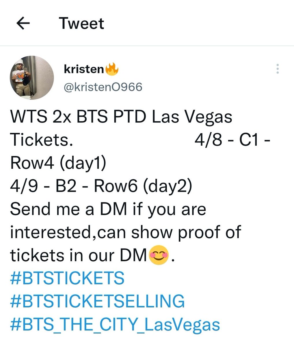 Rubi_Artwork's tweet photo. Alert: Scammer
She did not transfer the ticket or refund me. Please be careful Army
#BTSTICKETSELLING #BTS #BTSPTD_ON_STAGE #btslasvegas #BTSTICKETS #BTSCONCERT #BTS_THE_CITY_LasVegas https://t.co/fmHatKttC8