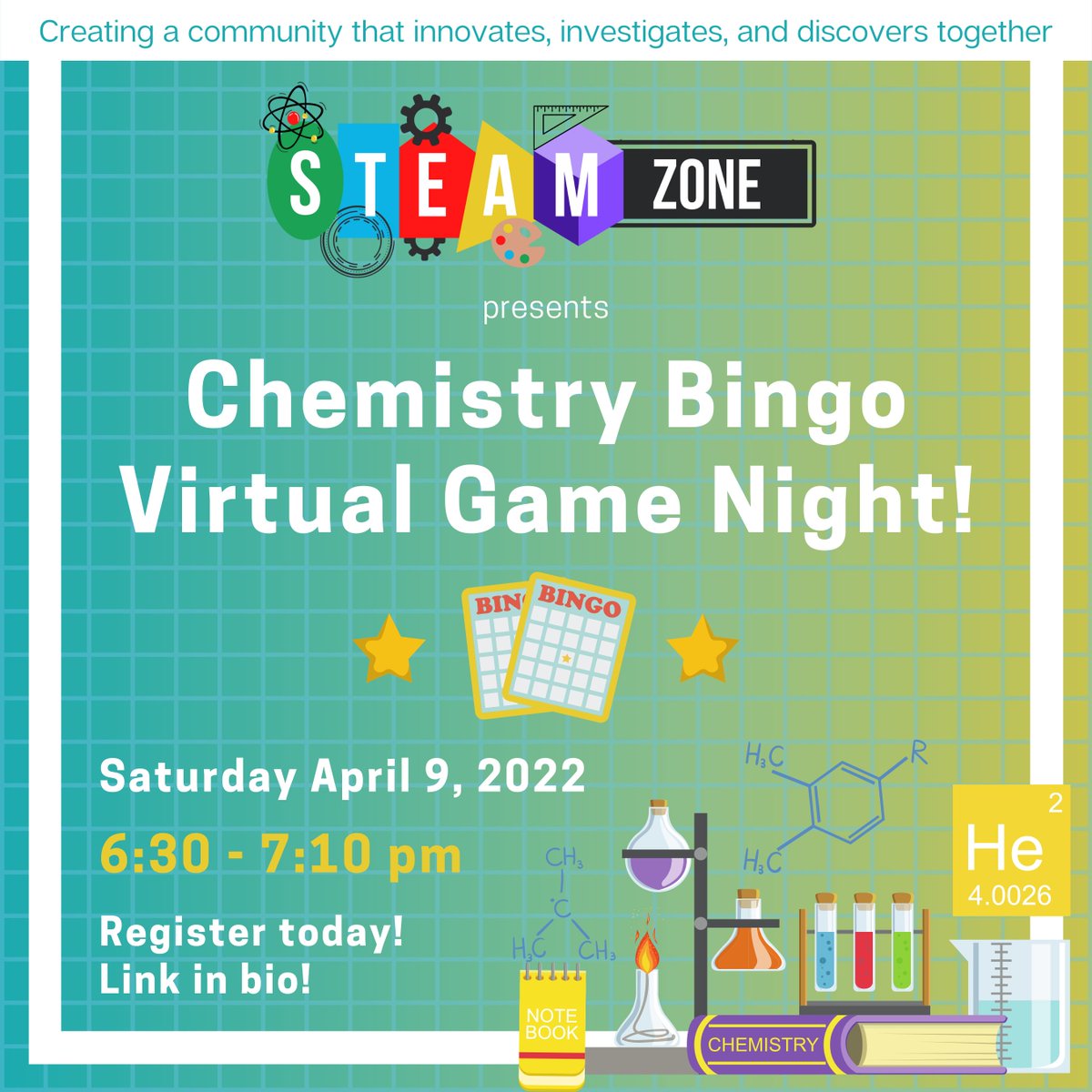 GetTogetherTO's tweet photo. Our #STEAMZone Youth Group is hosting a CHEMISTRY BINGO Game night this Sat, Apr 9th online at 6:30pm. 👏👏 For students Grade 3-8 Register today at https://t.co/RgvLsktg67 #education #chemistry #createdbyyouthforyouth #free Thank you @takingitglobal @UofGHstudents https://t.co/vYQX9ZdvgW
