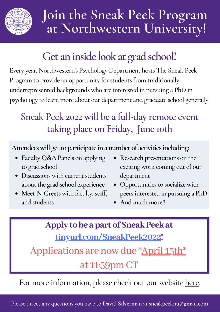 🎉DEADLINE EXTENDED!🎉 You now have until APRIL 15th to apply to Northwestern's Sneak Peek program for students from underrepresented backgrounds who are interested in pursuing a PhD in psychology. For more info and the application: sites.northwestern.edu/psychdic/sneak… Please RT and share!
