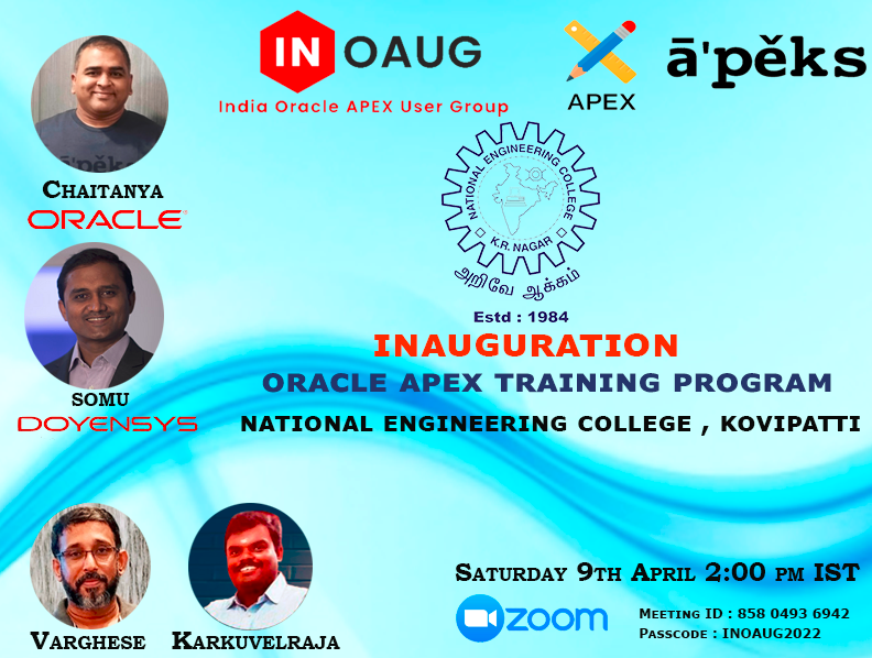 varghese0905's tweet photo. INOAUG Free Oracle APEX Training program to  college &amp; University all over India . The first training program is going to start on 9th April at National Engineering College Kovipatti
#orclapex #oracleAPEXIndia #oracleAPEXAPAC #inoaug https://t.co/J6zNzmnRsO