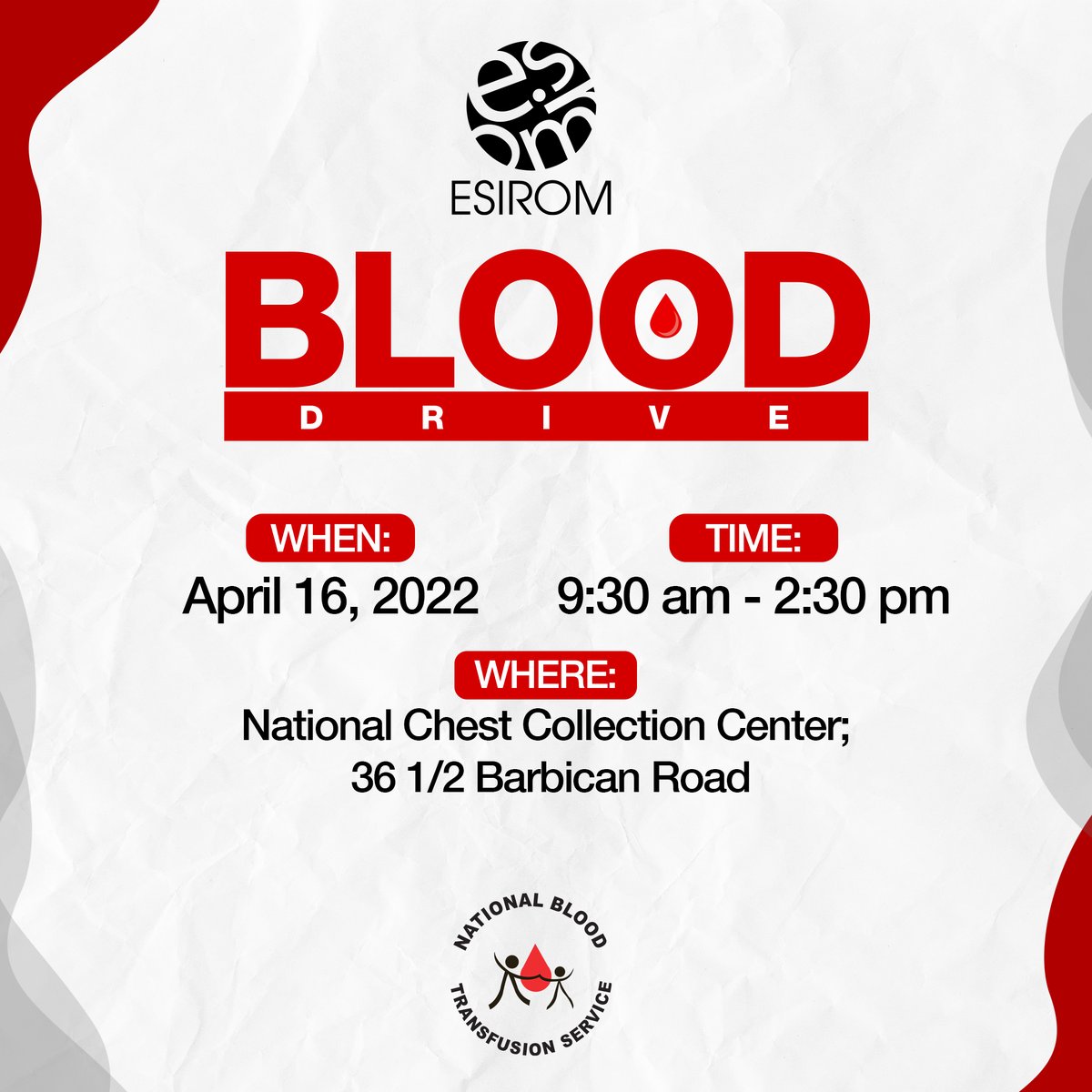 esiromgroup's tweet photo. On April 16th Esirom will be hosting a Blood drive at the National Chest Collection located at 36 ½ Barbican Road.Donors are asked to sign up on https://t.co/j67RomwNxc and to select ‘Good Health and Well being’ as the category. https://t.co/WwvFqICehW