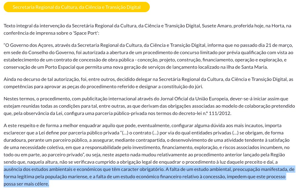 SantaEspaco's tweet photo. A Sec. Regional da Ciência prestou declarações em conferência de imprensa atribuindo o insucesso do concurso anterior à "ausência dos estudos ambientais e económicos que têm caracter obrigatório", no contexto de uma PPP.
https://t.co/ThUvFqjmj0 https://t.co/1YpTpyK9zk